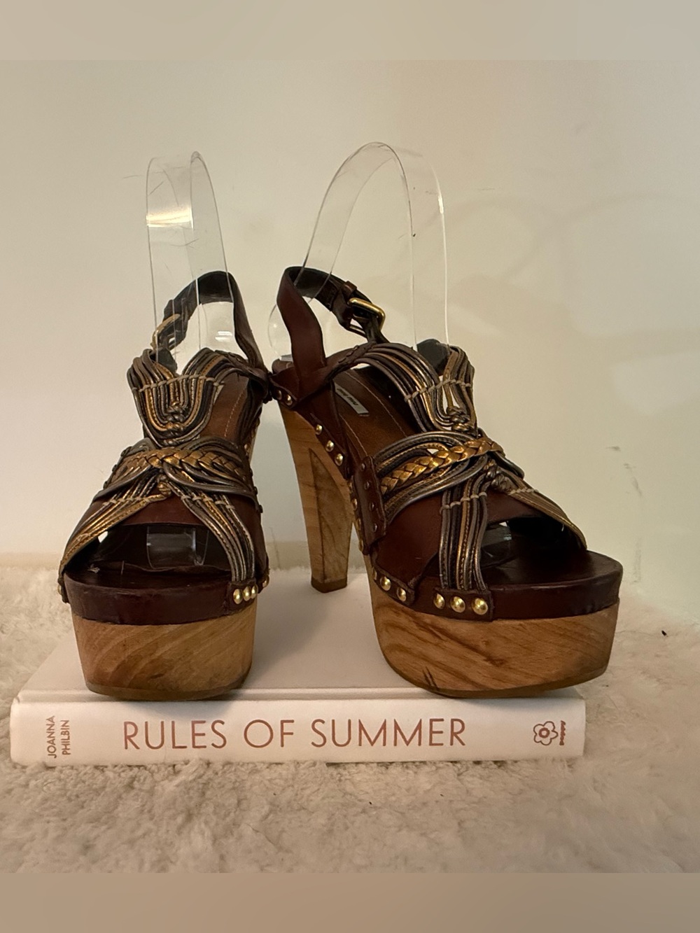 Miu Miu Brown Leather Platform Sandals with Metallic Braided Detail and Studs